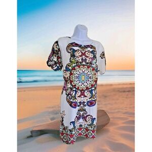 Shoreline Beach Dress Size 1XL/2XL White Batik Print 100% Rayon Casual Coverup
